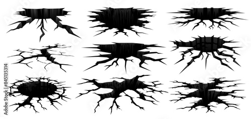 Ground earthquake cracks and holes. Vector set of jagged, edgy fissures. Isolated black earth gaps, resembling shattered or fractured surface with dynamic, abstract shapes. Split and damage cracks