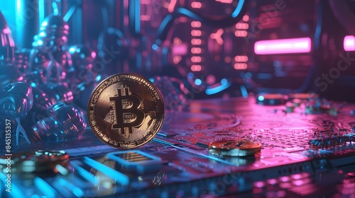 A Bitcoin coin being minted in a virtual reality environment