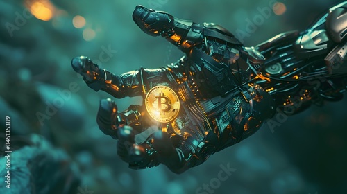 A cybernetic organism holding a Bitcoin in its hand