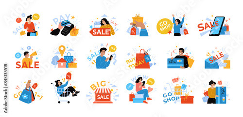 Shop icons. Online shopping. Store sale. Outline woman making purchase. Man paying order by smartphone. Mobile app service. Boutique discount. People buy clothing. Vector concepts set