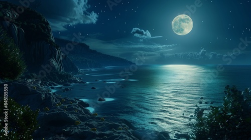 A stunning night view of the sea  with the full moon s light shimmering on the water  creating a beautiful and romantic atmosphere