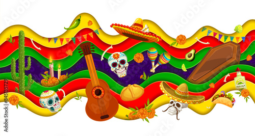 Mexican Day of the Dead holiday paper cut banner with cartoon sugar skulls, flowers and skeleton bones. Vector Dia de los Muertos papercut wavy layers, altar offerings, sombrero, guitar and maracas