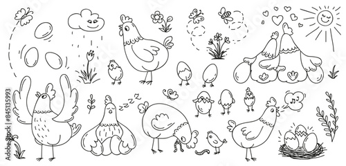 Doodle hen and chickens in various playful activities. Vector farm birds sleeping, interacting with eggs and each other amidst flowers and natural elements. Sketch style line art poultry characters