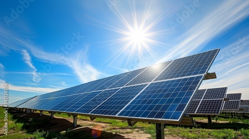Solar cell installation on the ground, gleaming under the bright daytime sun, ready to generate clean energy © Prakakrong