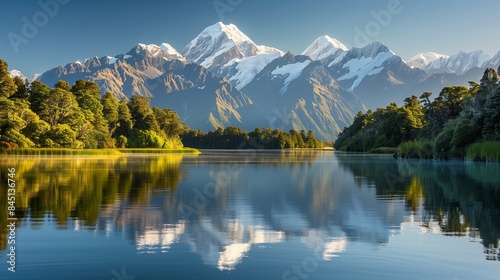 The calm waters of an alpine lake reflecting the snow-capped peaks and surrounding lush green forest as the morning sun rises