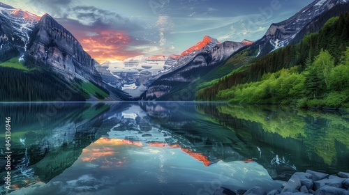 The serene beauty of an alpine lake at sunrise, with snow-capped peaks and vibrant greenery mirrored in the still waters