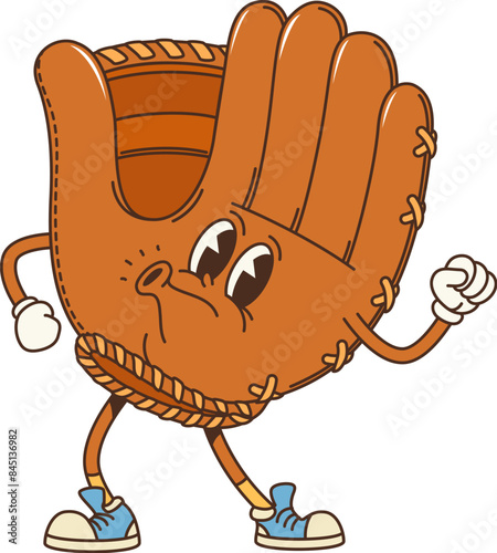 Retro groovy leather baseball glove character. Isolated cartoon vector playful sports equipment personage with a smiling face and sneakers exudes a sense of fun, nostalgia and vintage hippie vibes
