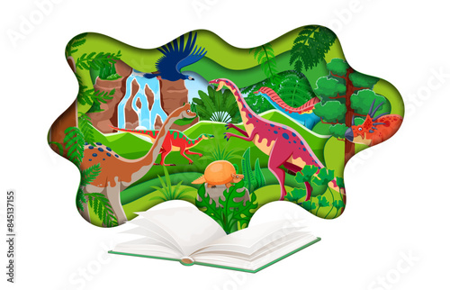 Paper cut prehistoric landscape with dinosaurs. 3d vector layered papercut frame with dino spices emerge from the pages of an open book. Imaginative adventure and discovery story of Jurassic reptiles