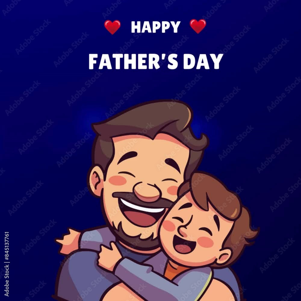 Happy father's day greetings, father and son animated greetings with blue background. Happy family day. Happy fathers day text animation