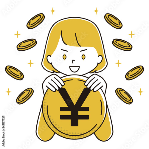 日本円のコインを持って目を輝かせる女性のイラスト