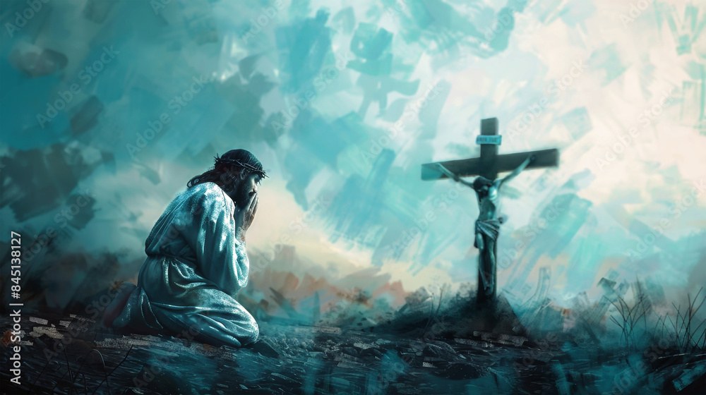 Obraz premium A painting depicting Jesus kneeling in prayer in the Garden of Gethsemane, with the cross looming in the background