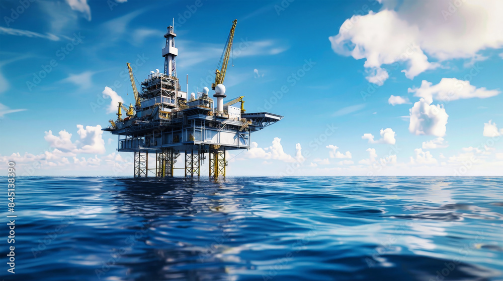 A large offshore oil and gas platform stands tall in the blue waters, under a bright summer sky, with fluffy white clouds adding depth to the scene A large offshore oil and gas platform stands tall in the blue waters, under a bright summer sky, with fluffy white clouds adding depth to the scene