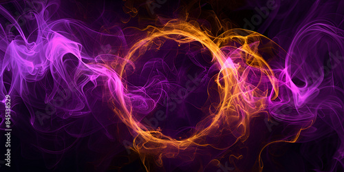 Vibrant Abstract Smoke Rings, Colorful Swirling Smoke Patterns, Purple yellow color glowing geometric smoke circle on black background