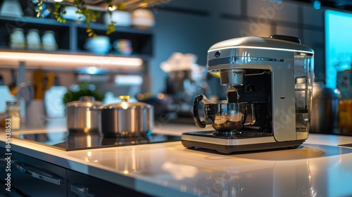 A modern kitchen countertop with a sleek, futuristic coffee maker showcasing innovative technology