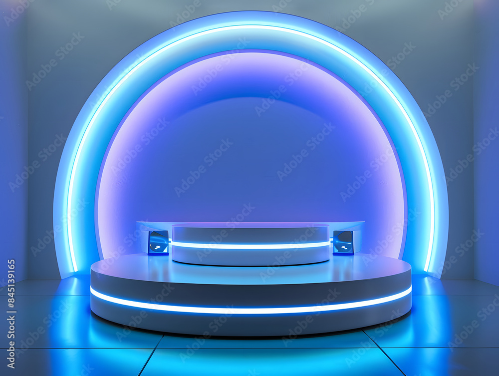 Beautiful modern futuristic podium with neon blue lighting Beautiful modern futuristic podium with neon blue lighting