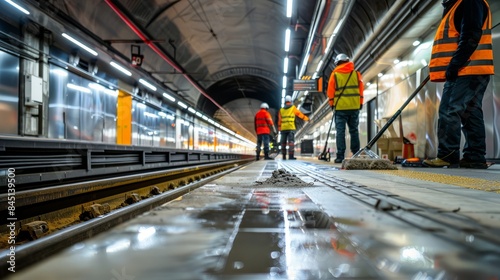 A low-angle shot of maintenance workers in reflective vests cleaning and maintaining a metro station platform