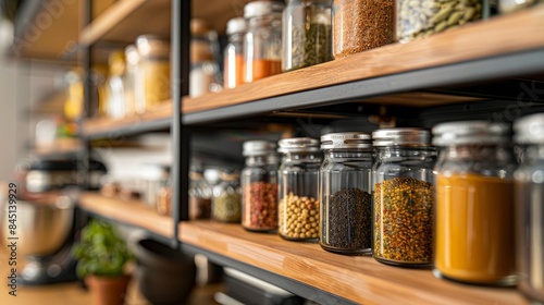 A close-up shot of a meticulously organized kitchen shelf filled with glass jars containing various spices