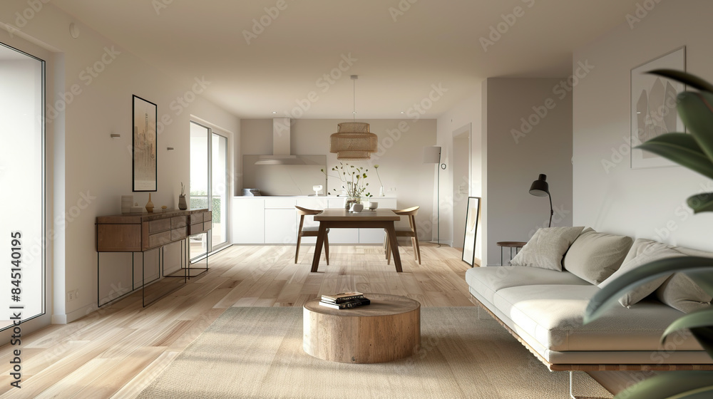 bright open plan apartment in a modern design, light walls and wooden floor. Generative Ai bright open plan apartment in a modern design, light walls and wooden floor. Generative Ai