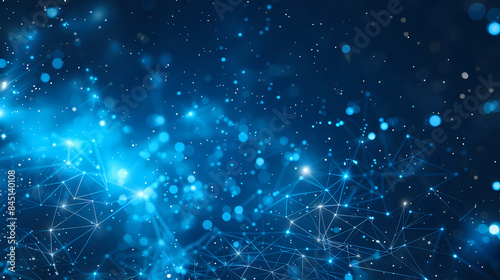 Abstract blue digital network with glowing particles and connecting lines on dark background