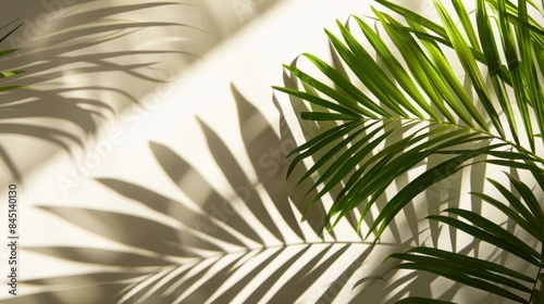 A single palm leaf frond casts a dramatic shadow against a plain white background in a minimalist setting. Sunlight shines through the leaves  creating a beautiful interplay of light and shadow