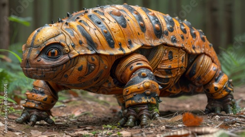 A wooden turtle with spikes on its back, standing on a dirt ground. © Gayan