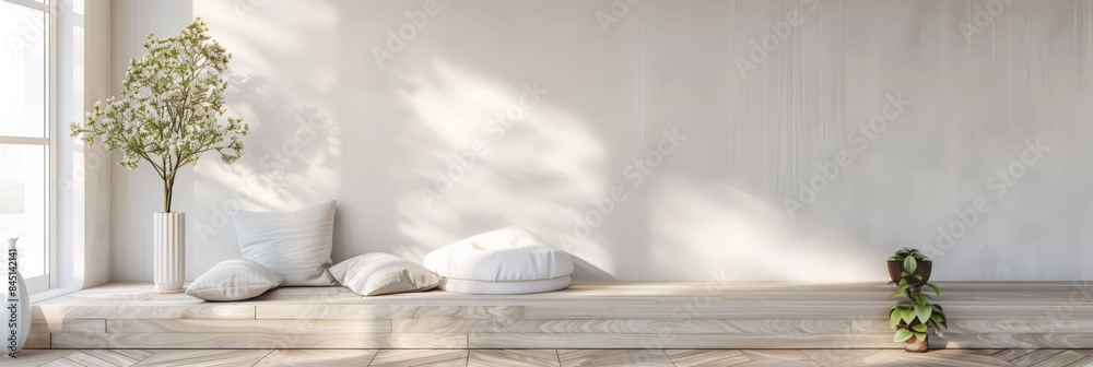 Meditation space in a room with serene vibes, minimal furniture and copyspace. Home interiors composition. Meditation space in a room with serene vibes, minimal furniture and copyspace. Home interiors composition.