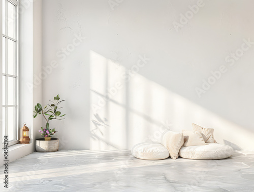 Meditation space in a room with serene vibes, minimal furniture and copyspace. Home interiors composition.