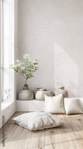 Meditation space in a room with serene vibes  minimal furniture and copyspace. Home interiors composition.
