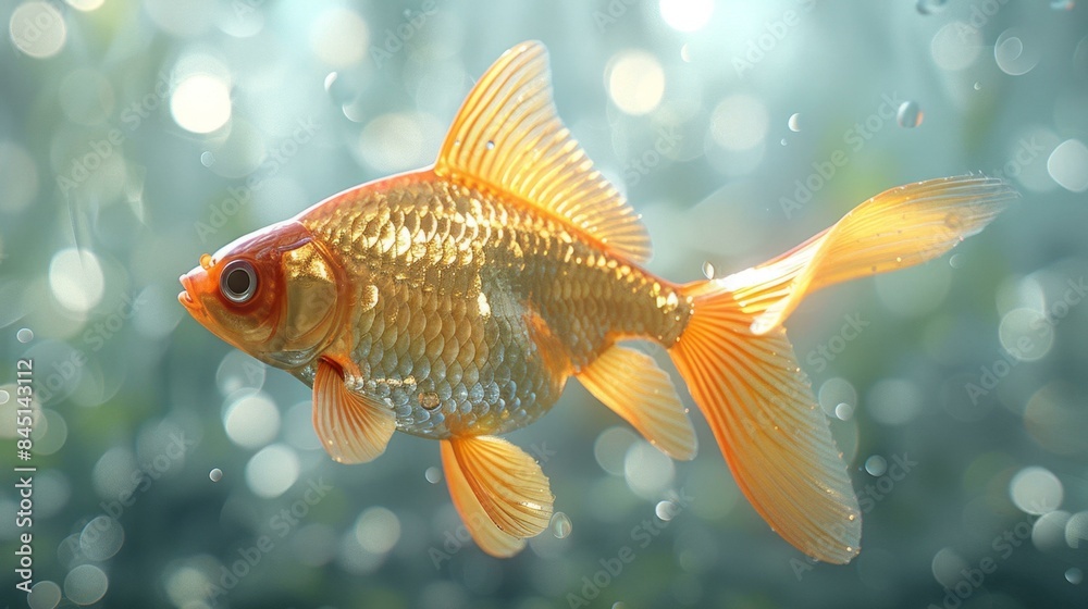A goldfish swimming in a body of water with a blue background and sunlight shining through.