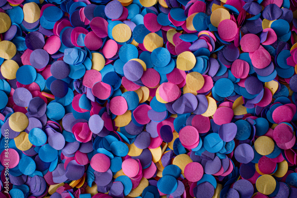 Colorful confetti scattered in a vibrant display. Festive and joyful celebration decoration with pink, blue, purple, and yellow circles. Colorful confetti scattered in a vibrant display. Festive and joyful celebration decoration with pink, blue, purple, and yellow circles.