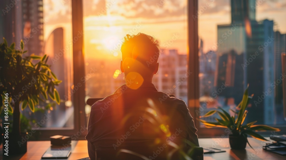 Man looking at sunset from office Man looking at sunset from office