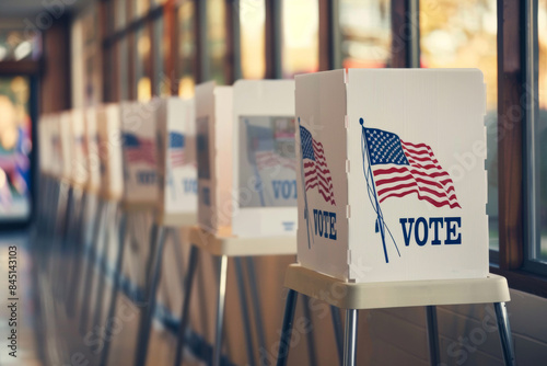 Voting booths lined up in a polling station with American flags and vote signs. Quiet scene ready for voters to cast their ballots. photo