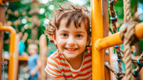 Smiling child playing on a colorful playground. Joyful and energetic scene of kids having fun outdoors. © Mirador