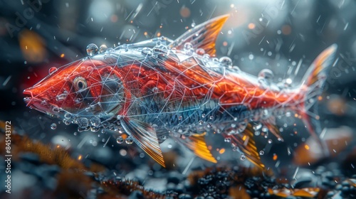 A colorful fish with orange and blue fins swimming in water with rain drops falling around it. photo