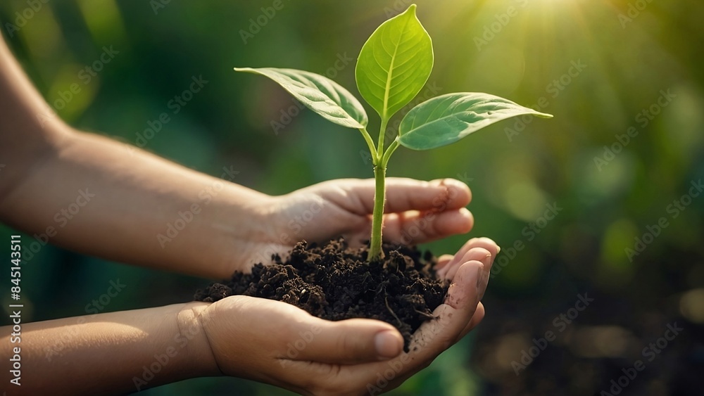 Hands holding new growth plant-dark background Hands holding new growth plant-dark background