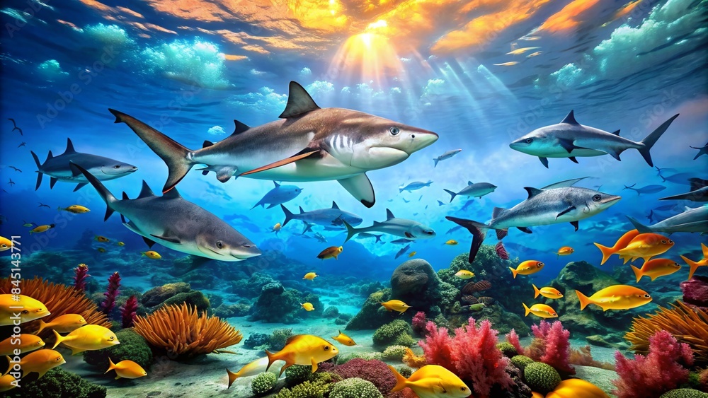 Obraz premium underwater view has a Beautiful colorful coral and shark