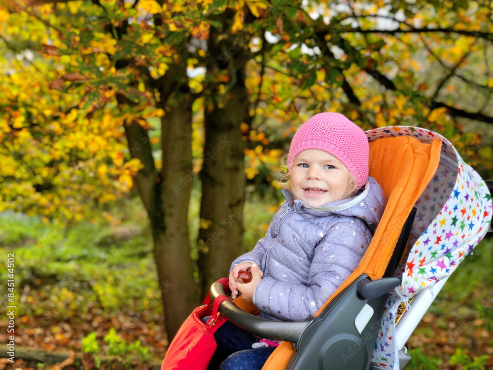 Cute healthy little beautiful baby girl sitting in the pram or stroller and waiting for mom. Happy smiling child with blue eyes. With autumn background. Baby daughter going for a walk with family Cute healthy little beautiful baby girl sitting in the pram or stroller and waiting for mom. Happy smiling child with blue eyes. With autumn background. Baby daughter going for a walk with family