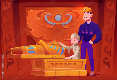 Laughing man standing near smiling woman in mummy bandage costume for funny prank or amusement attraction. Cartoon vector joke in Egyptian temple room interior with pharaoh sarcophagus and symbols.