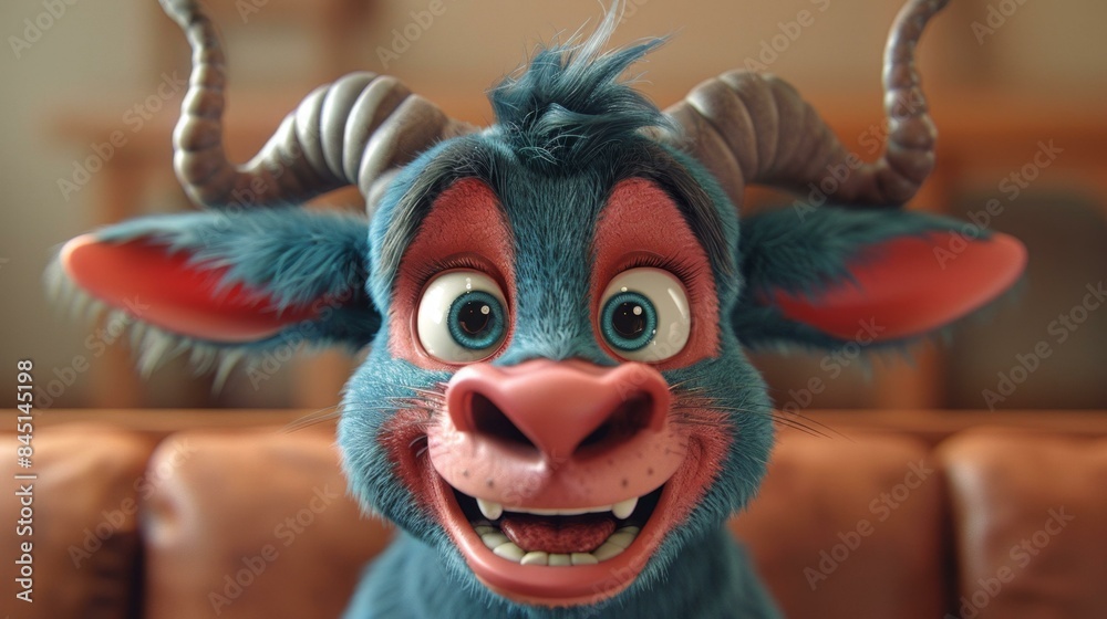 The creature has a blue body with red horns and a red nose. It is smiling and appears to be happy. The creature has a blue body with red horns and a red nose. It is smiling and appears to be happy.