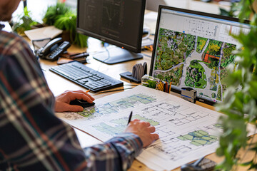Fototapete Grau 2 Landscape designer working in office with plans on paper near computer  © Di Studio