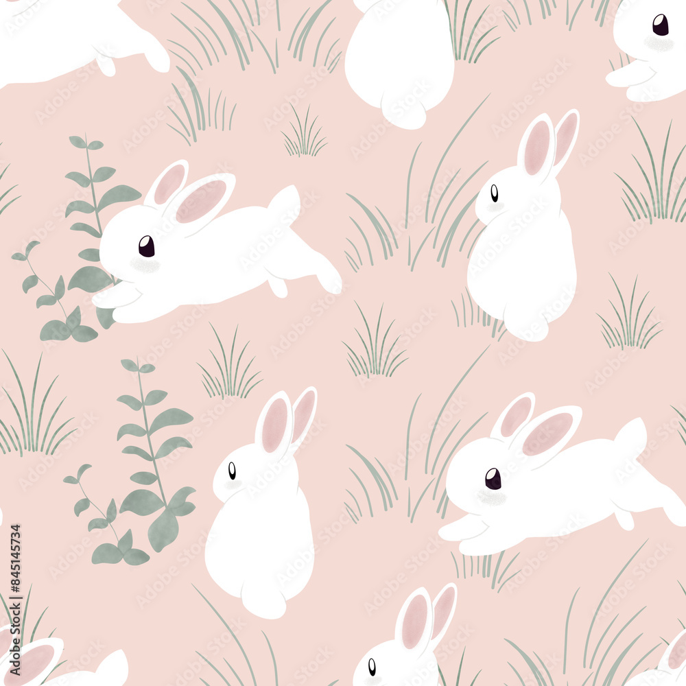 png of seamless pattern with leaves and rabbit, suitable for design of textile, fabric, wallpaper, fashion apparels, etc