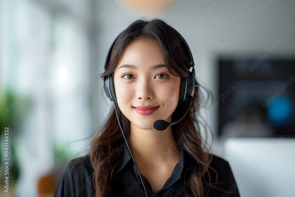 Smiling woman wearing headset in formal attire. Customer service and communication concept ,generative ai Smiling woman wearing headset in formal attire. Customer service and communication concept ,generative ai