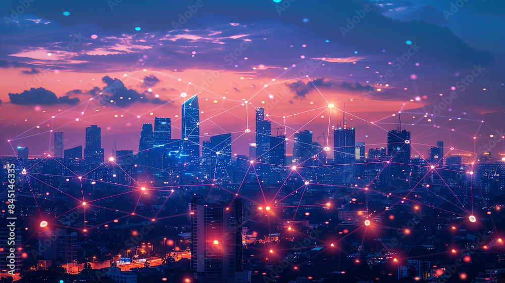 A city skyline at twilight with a visible digital network overlay, showcasing connectivity and technology, generative ai A city skyline at twilight with a visible digital network overlay, showcasing connectivity and technology, generative ai