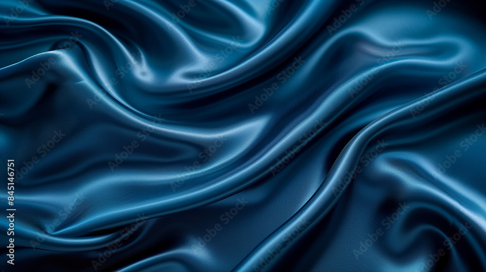 Detailed image of blue satin fabric with flowing waves, showcasing luxurious texture, generative ai