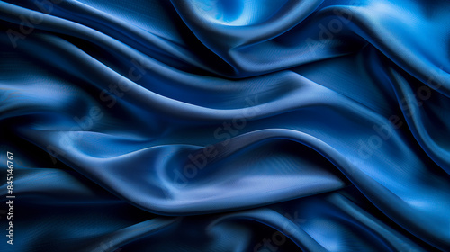 Detailed image of blue satin fabric with flowing waves, showcasing luxurious texture, generative ai