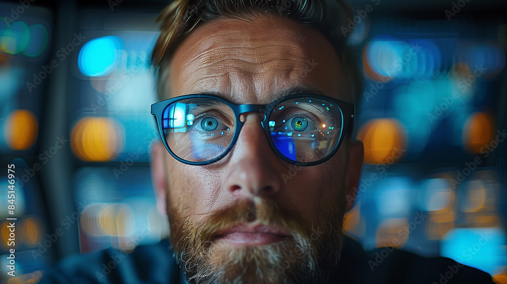Focused man with glasses reflecting data screens in a tech-driven environment, generative ai Focused man with glasses reflecting data screens in a tech-driven environment, generative ai