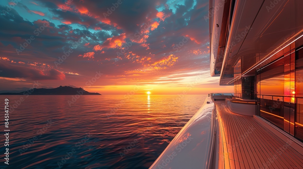 Obraz premium A lavish vessel resting in a calm harbor as dusk approaches. The rich richness and beauty of the yacht are highlighted on its deck, Generative AI.