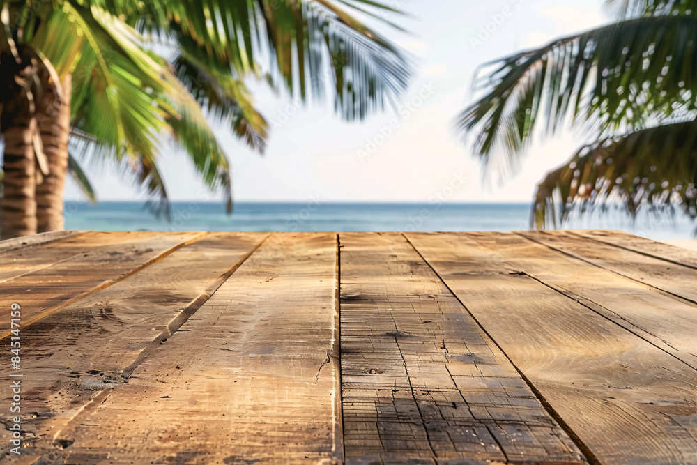 Empty wooden table background with copy space with the tropical view of palms and sea Empty wooden table background with copy space with the tropical view of palms and sea