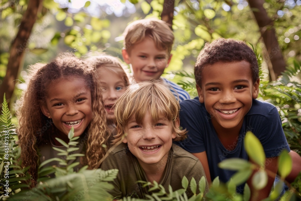 Portrait of a group of smiling children standing together in the forest Portrait of a group of smiling children standing together in the forest