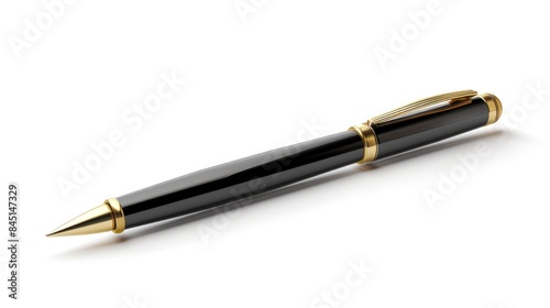 Elegant writing pen with gold tip writes on white paper. separated from the white background